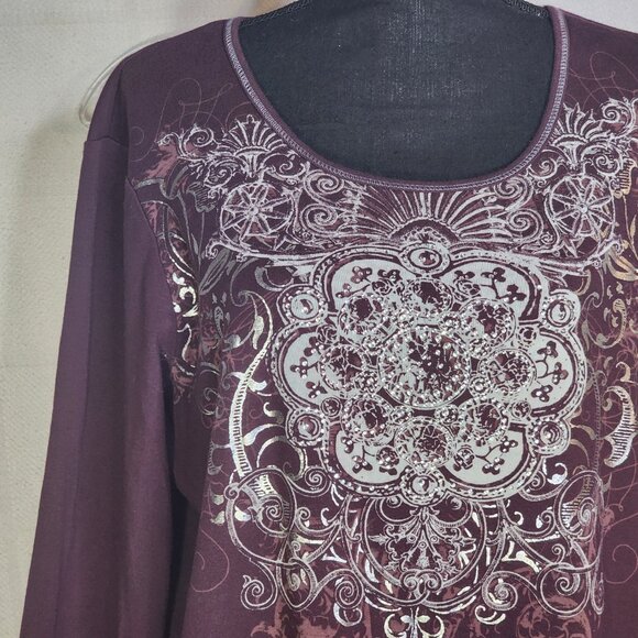 Zenergy Mauve Silver Foil Rhinestone Beaded 3/4 Sleeve Cotton Top Chico 3 US XL - Picture 5 of 16